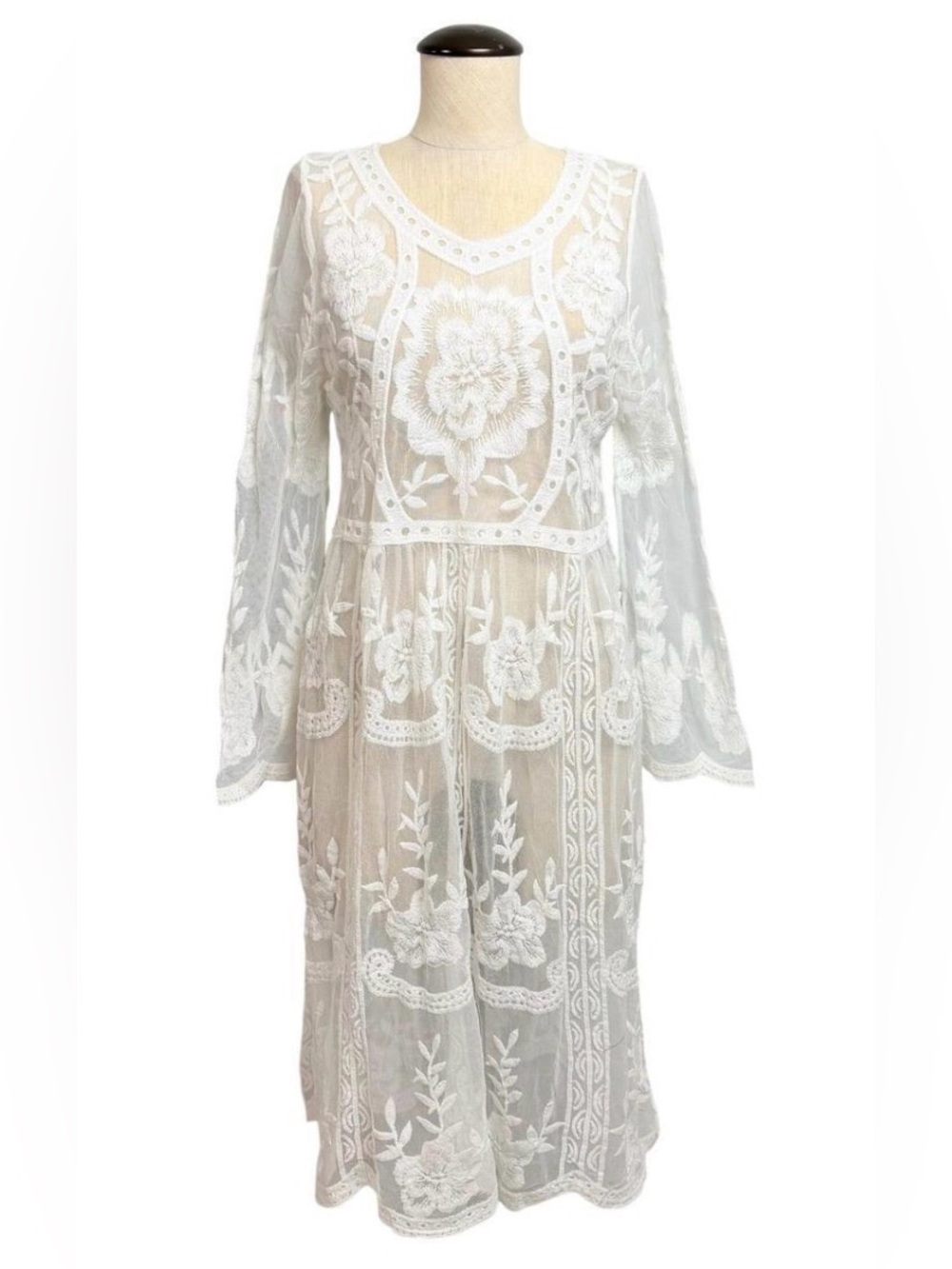 NWT: RAGA White Floral Embroidered Sheer Midi Dress Boho Eyelet Long Sleeve OS